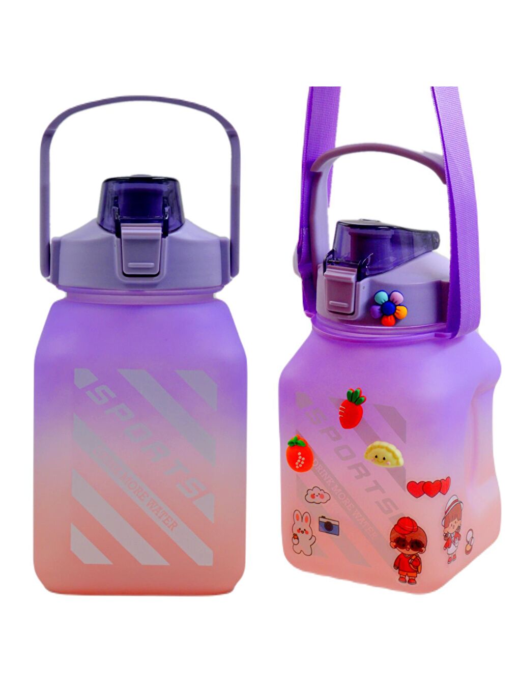 BottleBoss Mor Kare Spor Model Taşıma Askılı Pipetli Motivasyon Matarası 1,5 Litre Sticker HEDİYELİ Mor - 5