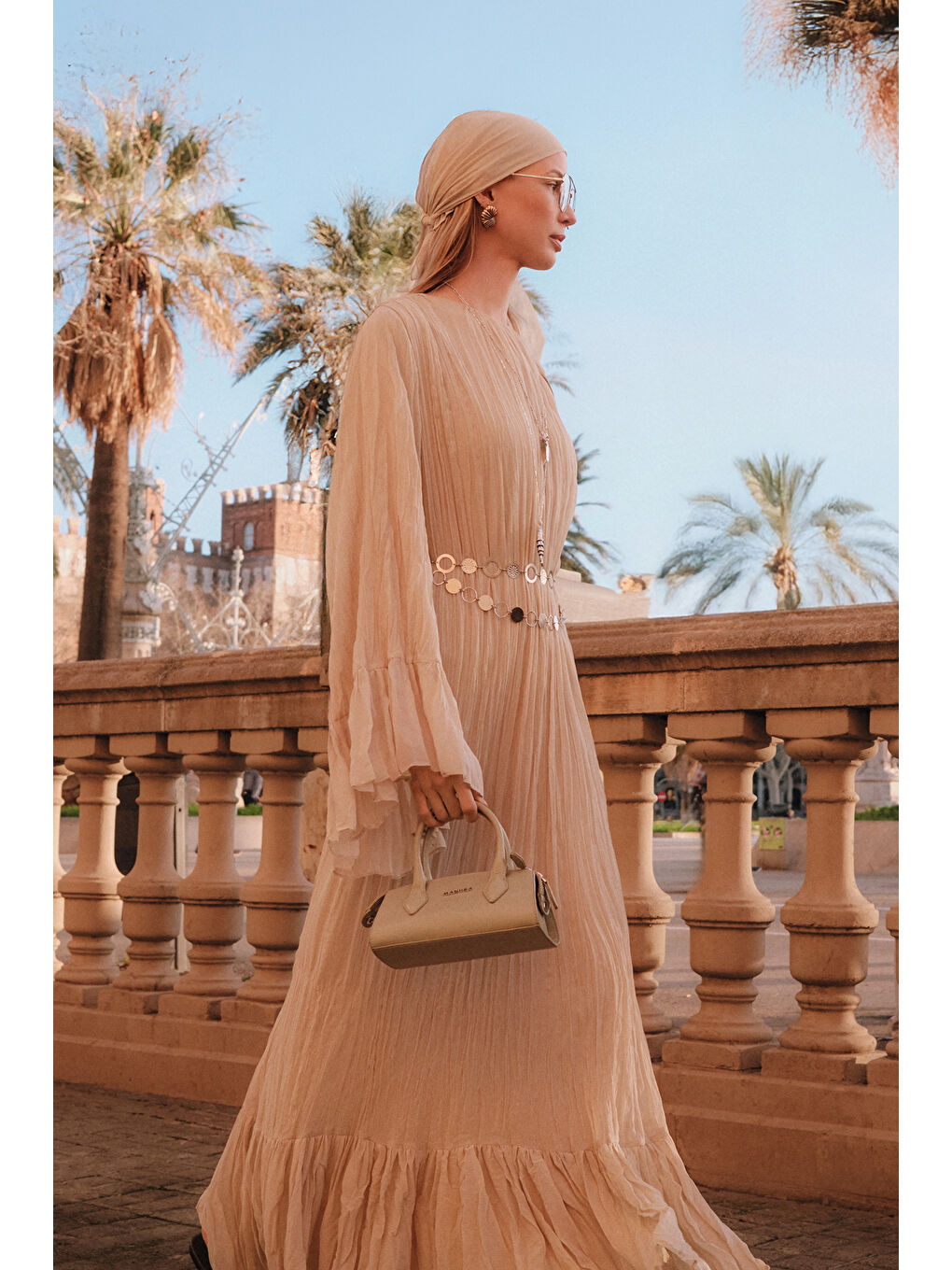 Yeşil Crush Piliseli Katlı Uzun Elbise Adaçayı-4