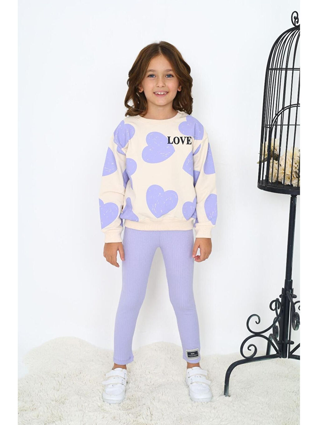 Lila Kalp Baskılı Kız Çocuk Alt Üst Takım-1