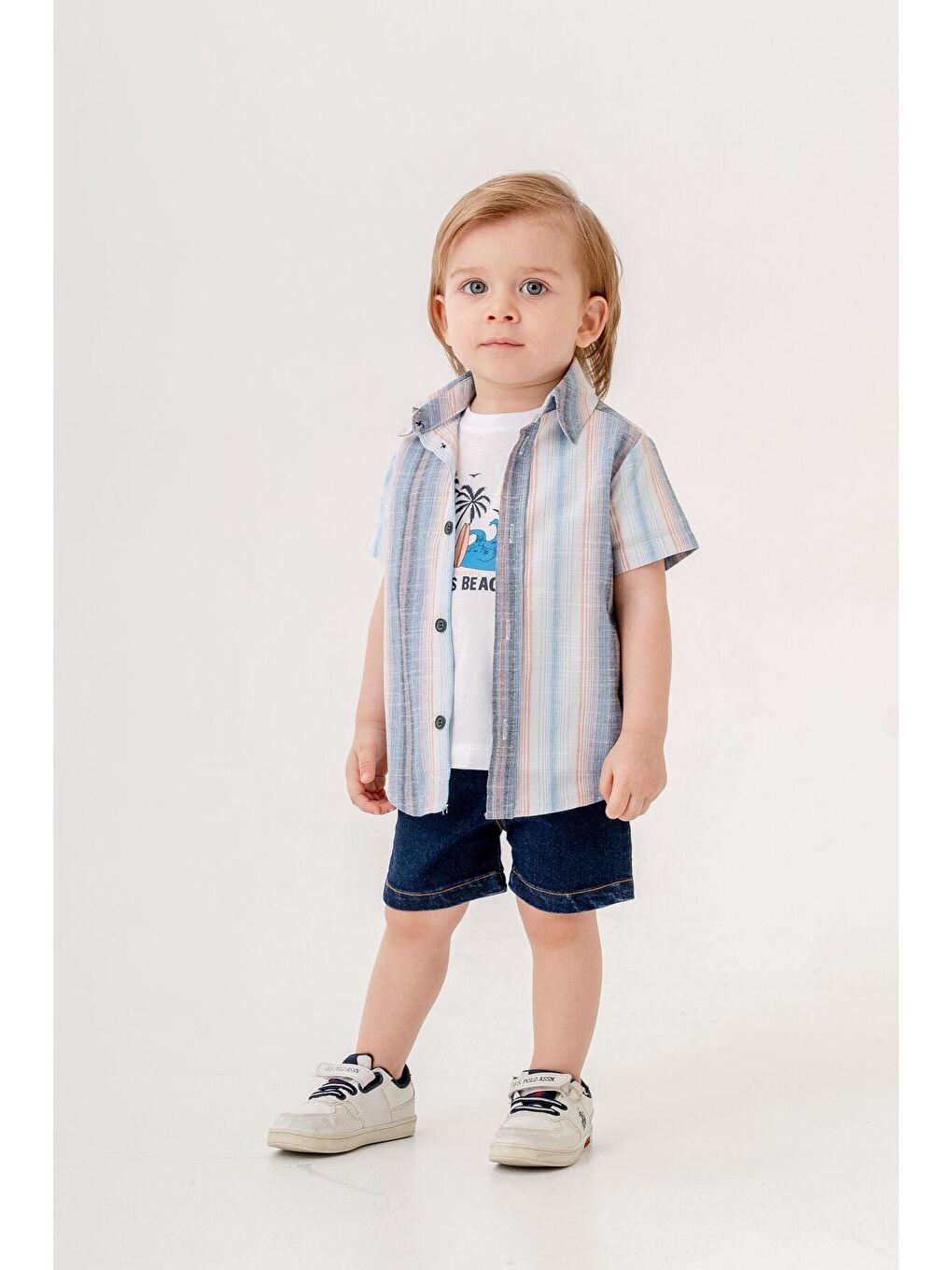 Mavi Tarz Gömlekli Çizgili Belden Ayarlanabilir Kısa Kollu Şortlu 3'lü Takım Bayramlık Düğünlük