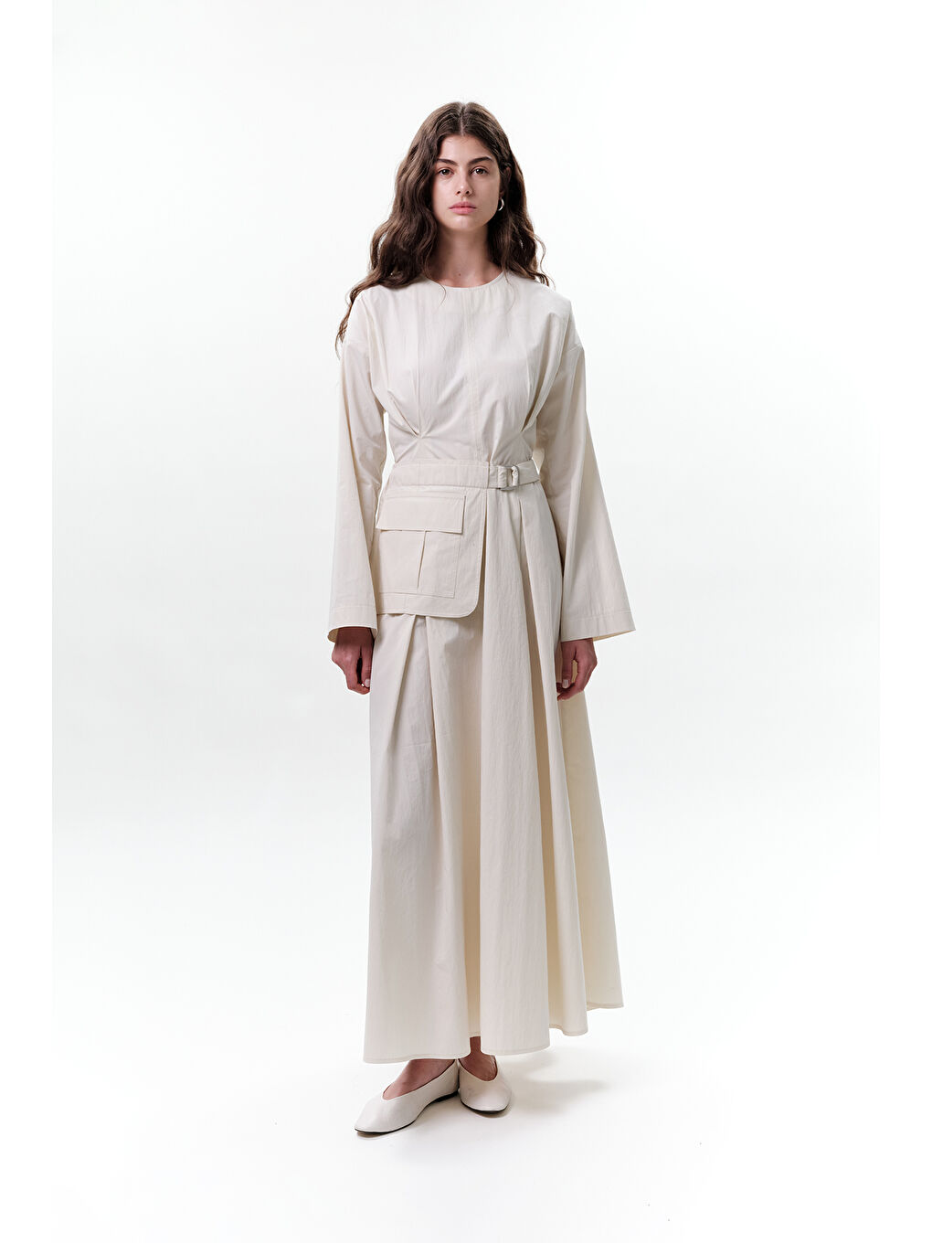 Bej Cepli Kemer Detaylı Elbise Taş-6