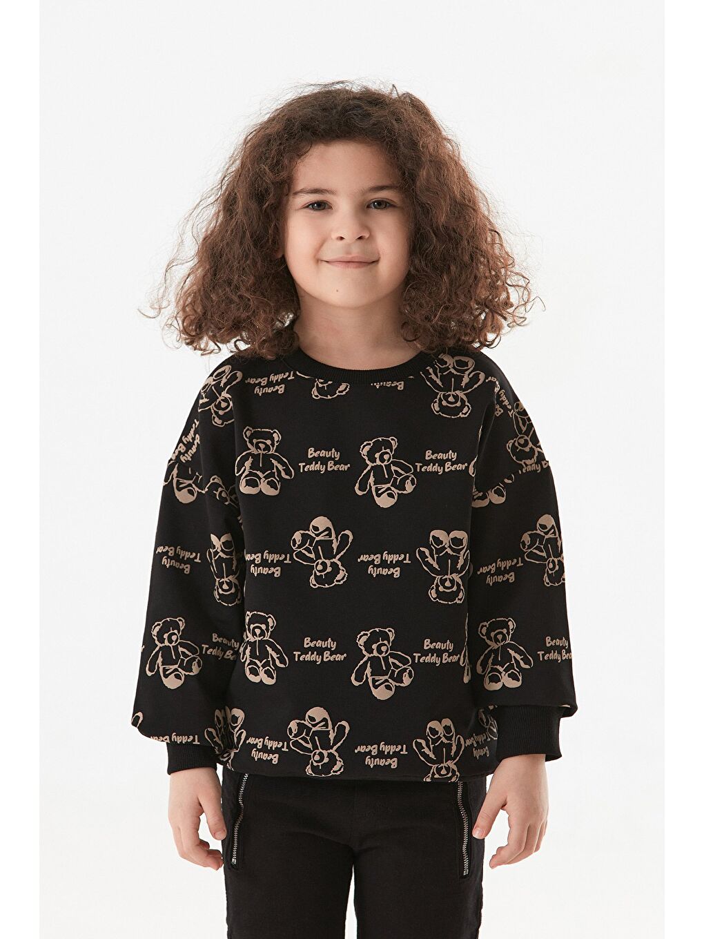 Siyah Ayıcık Baskılı Kız Çocuk Sweatshirt