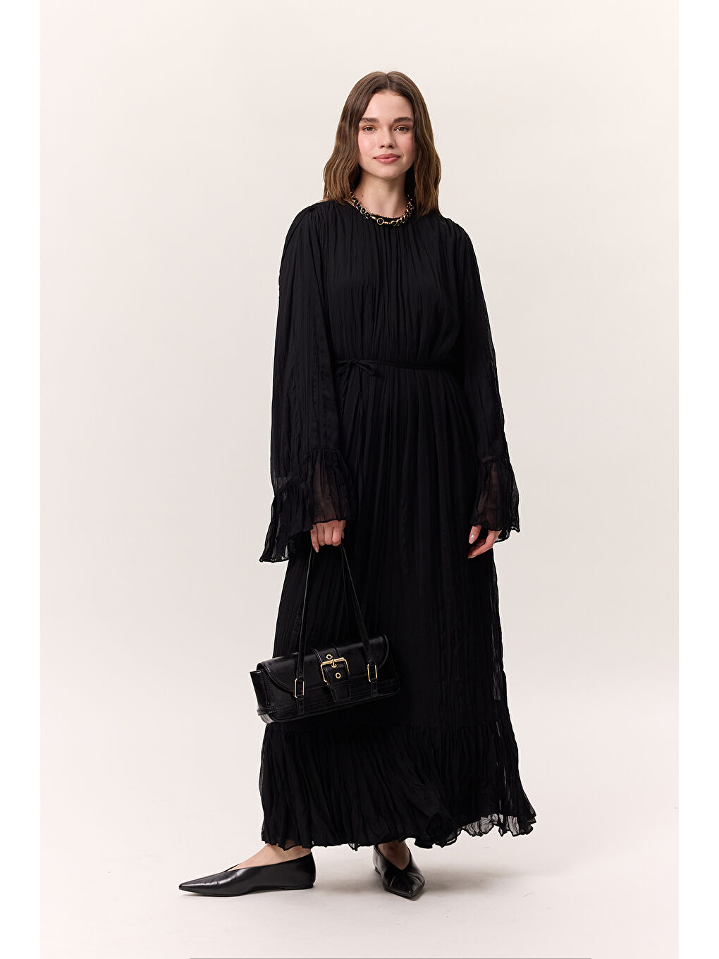 Crush Piliseli Katlı Uzun Elbise Siyah-6