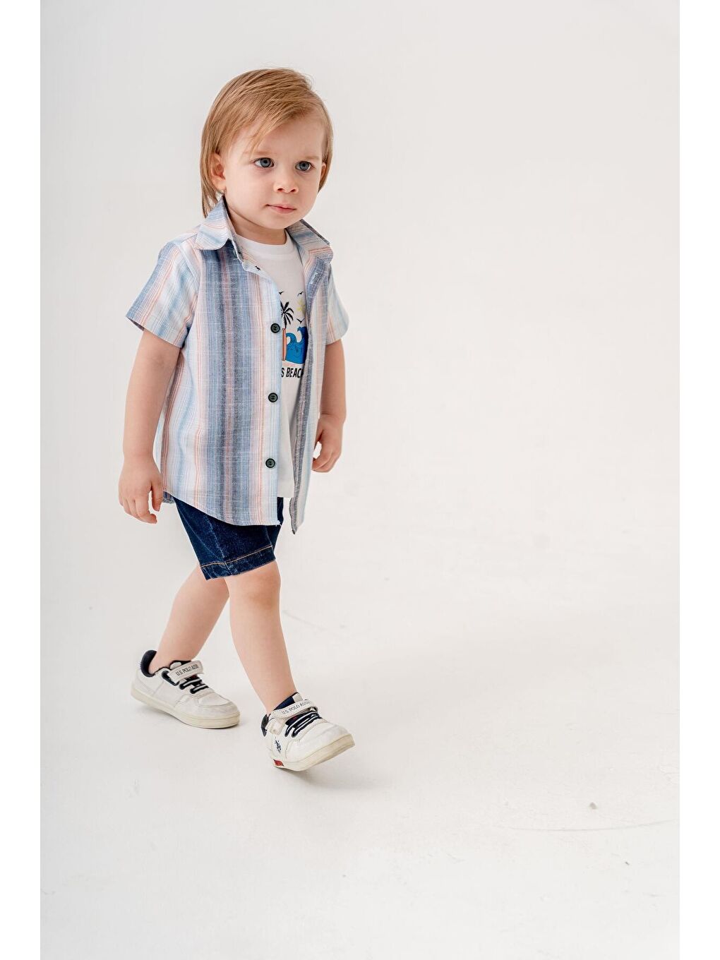 Mavi Tarz Gömlekli Çizgili Belden Ayarlanabilir Kısa Kollu Şortlu 3'lü Takım Bayramlık Düğünlük-1