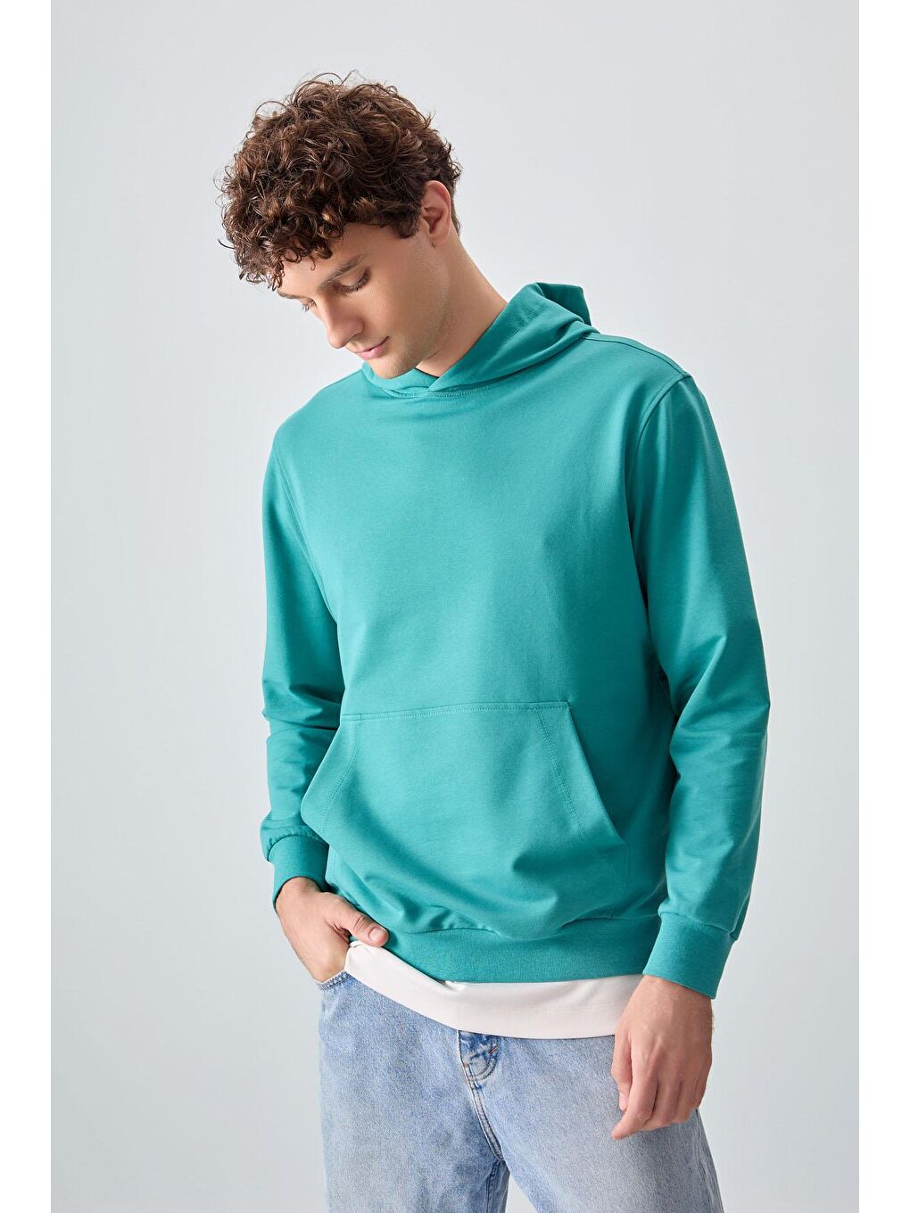 AIR JONES Açık Yeşil Pamuk Dokulu Kapüşonlu Standart Fit Basic Erkek Sweatshirt - 88362 - 3