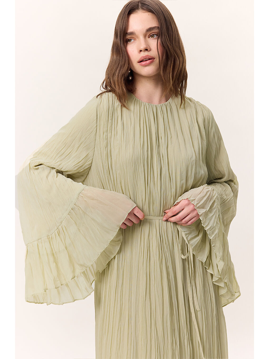 Yeşil Crush Piliseli Katlı Uzun Elbise Adaçayı-5