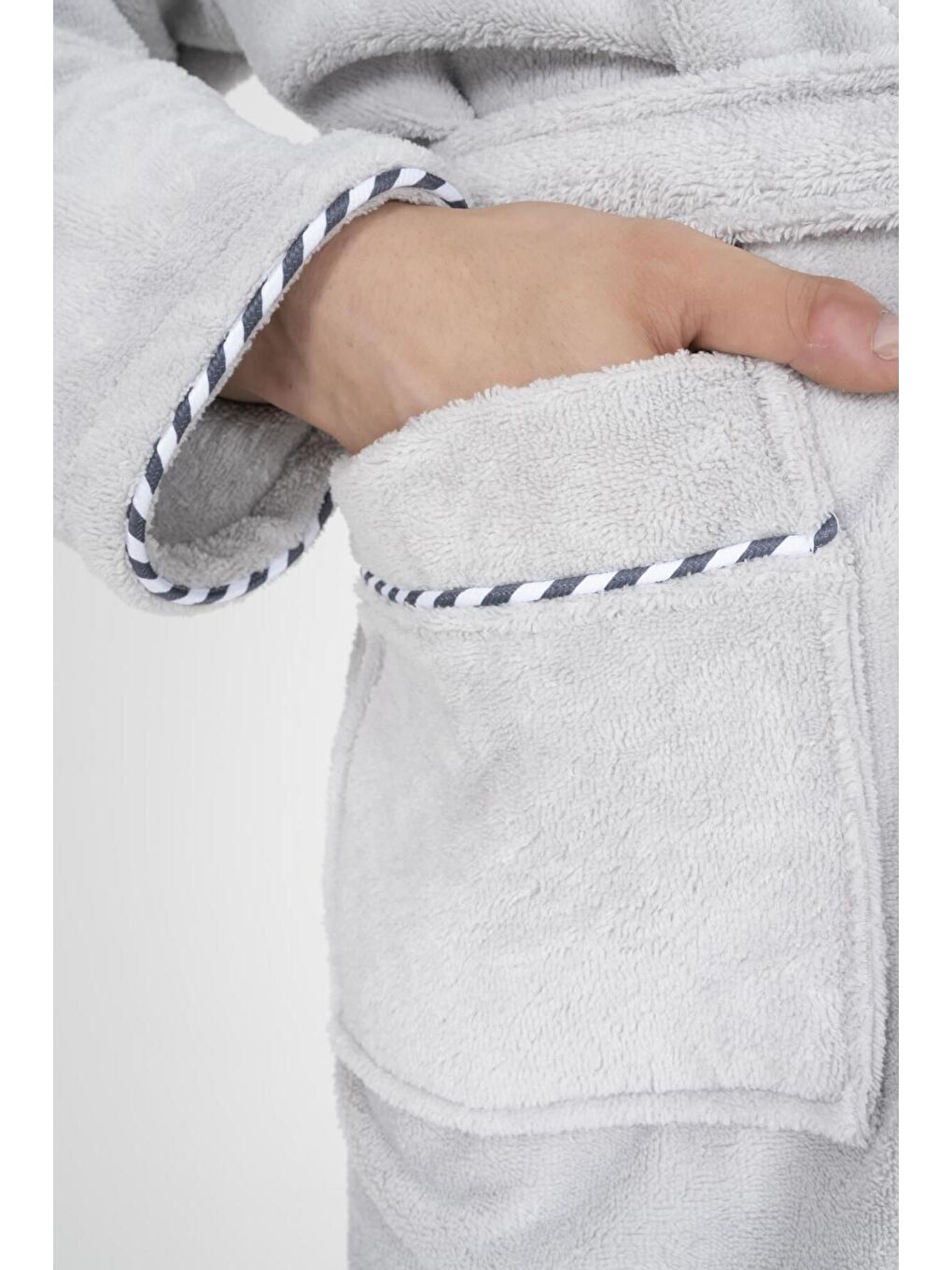 Biyeli Şal Yaka Bambu Bornoz Açık Gri-4