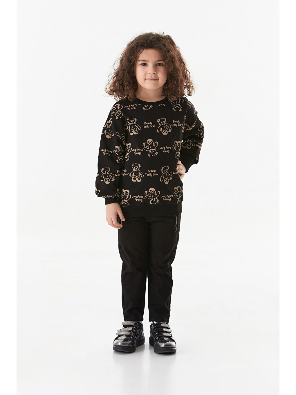 Siyah Ayıcık Baskılı Kız Çocuk Sweatshirt-1