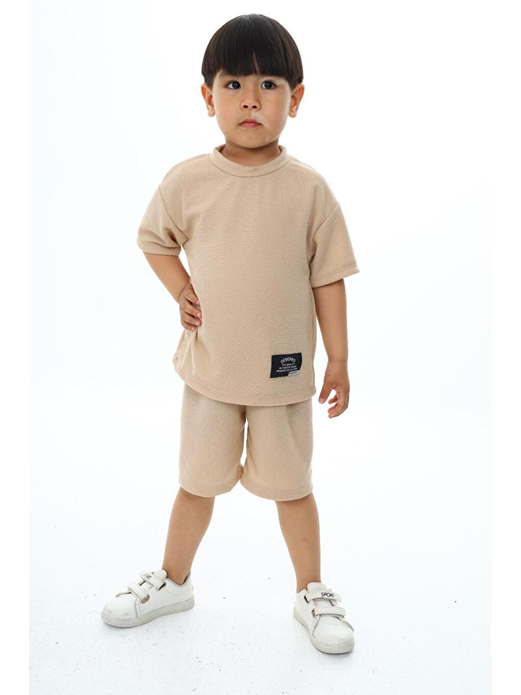 Bej Bisiklet Yaka Şortlu Erkek Çocuk Şortlu Takım