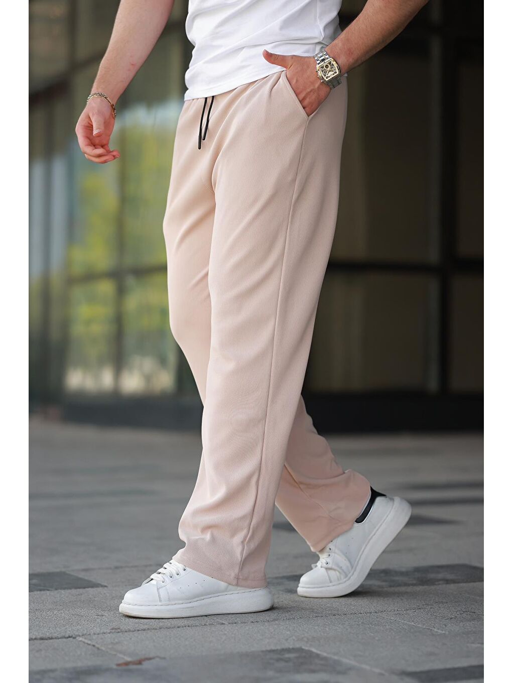 Bej Beli Ayarlanabilir Cep Detaylı Bol Pantolon 6545-1