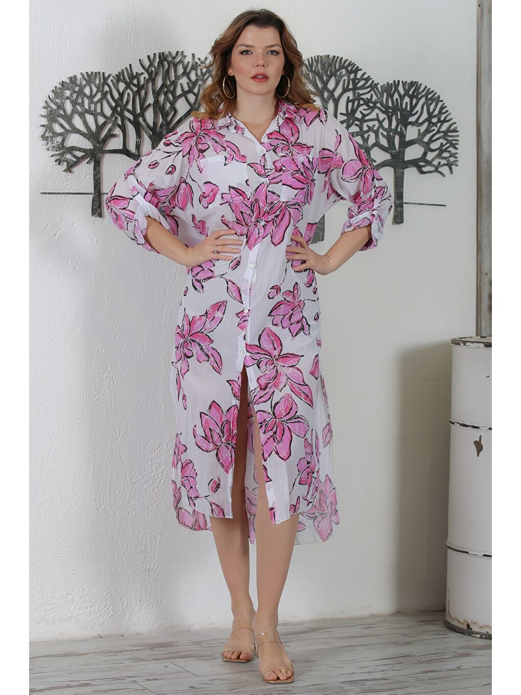 İtalyan Pembe-Beyaz Gömlek Yaka Düğmeli Uzun Kollu Çift Cepli Allover Baskılı Dokuma Elbise-3