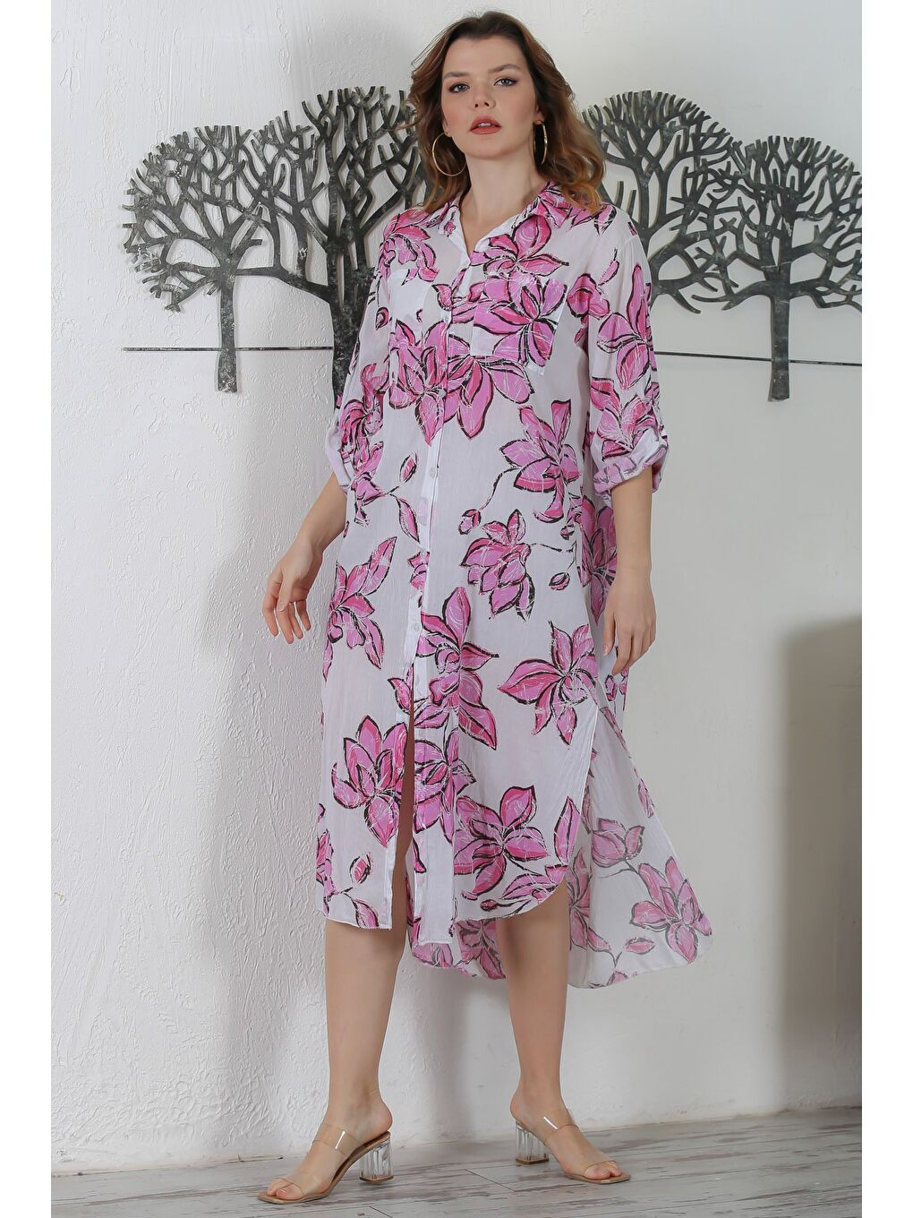 İtalyan Pembe-Beyaz Gömlek Yaka Düğmeli Uzun Kollu Çift Cepli Allover Baskılı Dokuma Elbise-4