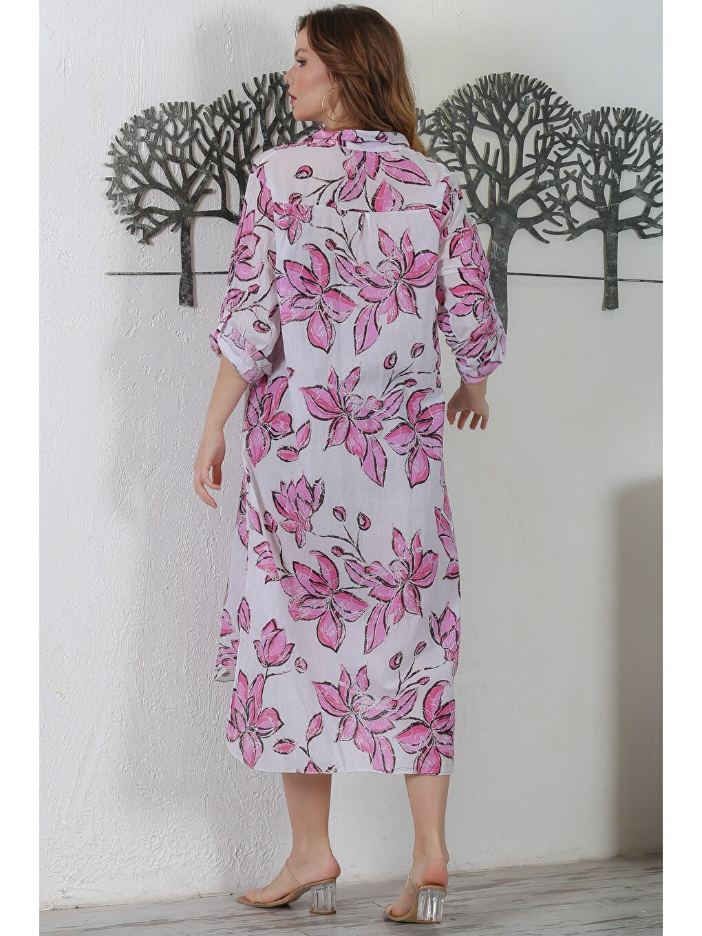 İtalyan Pembe-Beyaz Gömlek Yaka Düğmeli Uzun Kollu Çift Cepli Allover Baskılı Dokuma Elbise-5