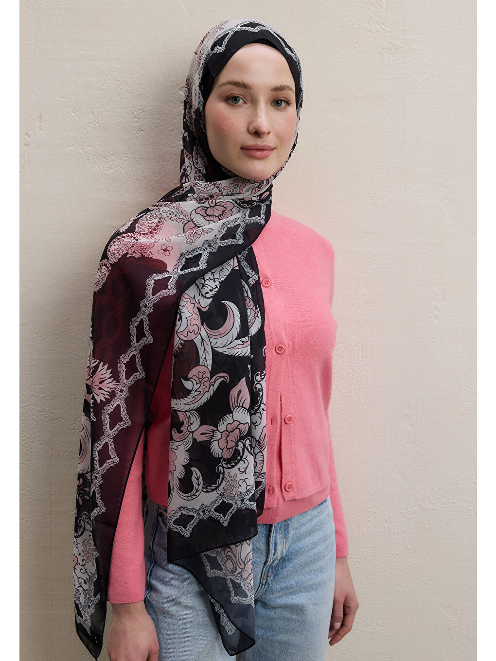 Poppıes Desen İpek Krep Şal Siyah-2