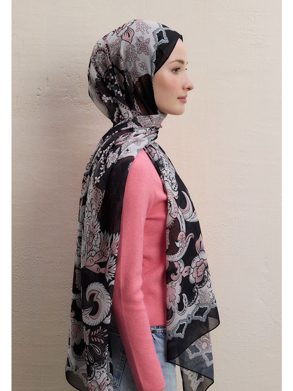 Poppıes Desen İpek Krep Şal Siyah-3