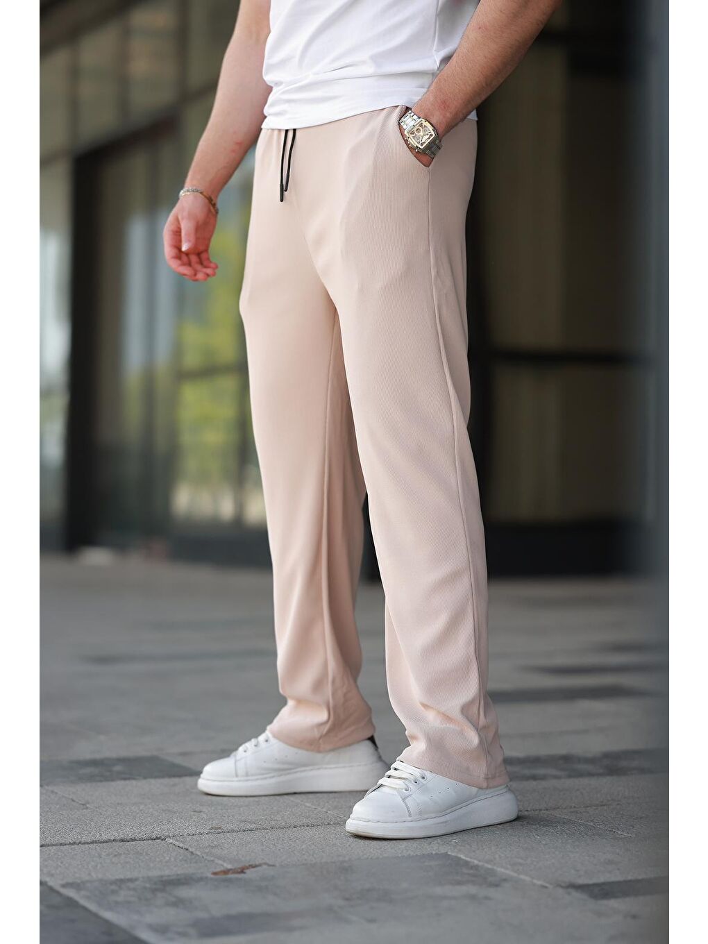 Bej Beli Ayarlanabilir Cep Detaylı Bol Pantolon 6545-2