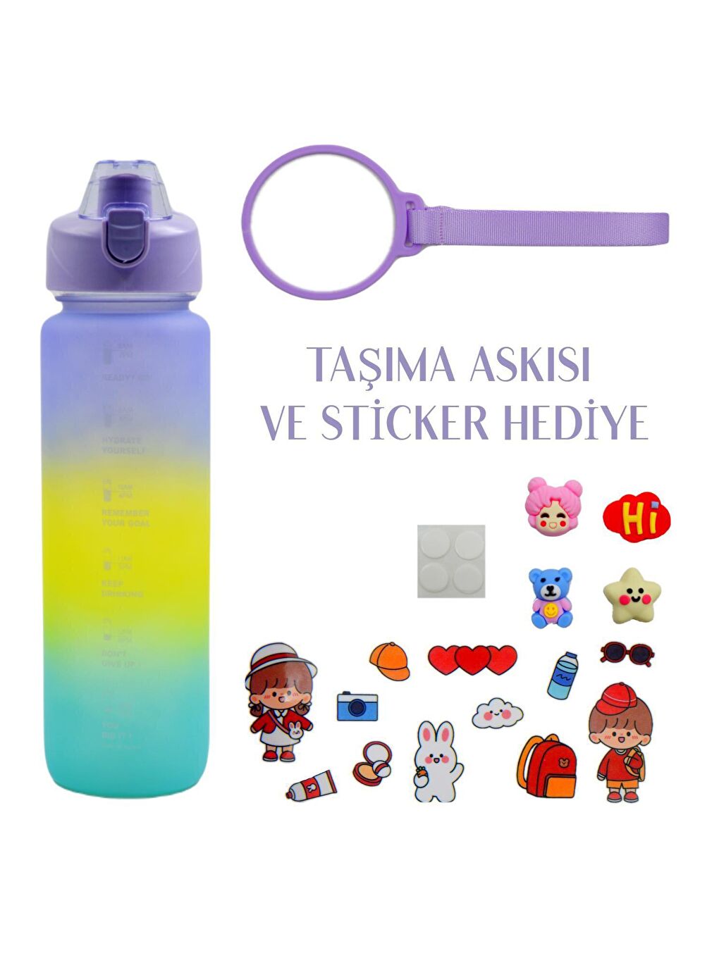 BottleBoss Mor Pastel Renk Geçişli Sızdırmaz Kapak Motivasyon Matarası 1100 Ml Sticker HEDİYELİ Mor - 1