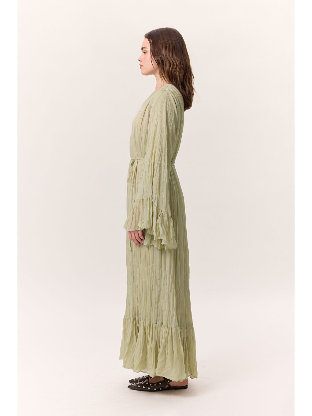 Yeşil Crush Piliseli Katlı Uzun Elbise Adaçayı-6