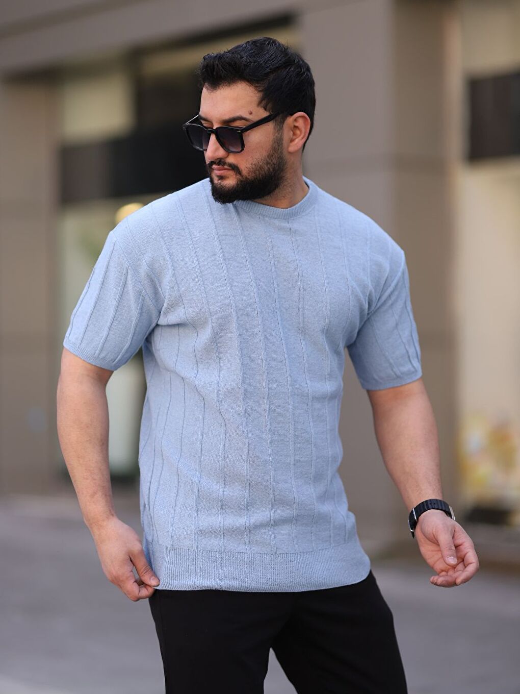 Bebe Mavisi Bisiklet Yaka Kabartma Triko Örme Kısa Kollu Tişört-1