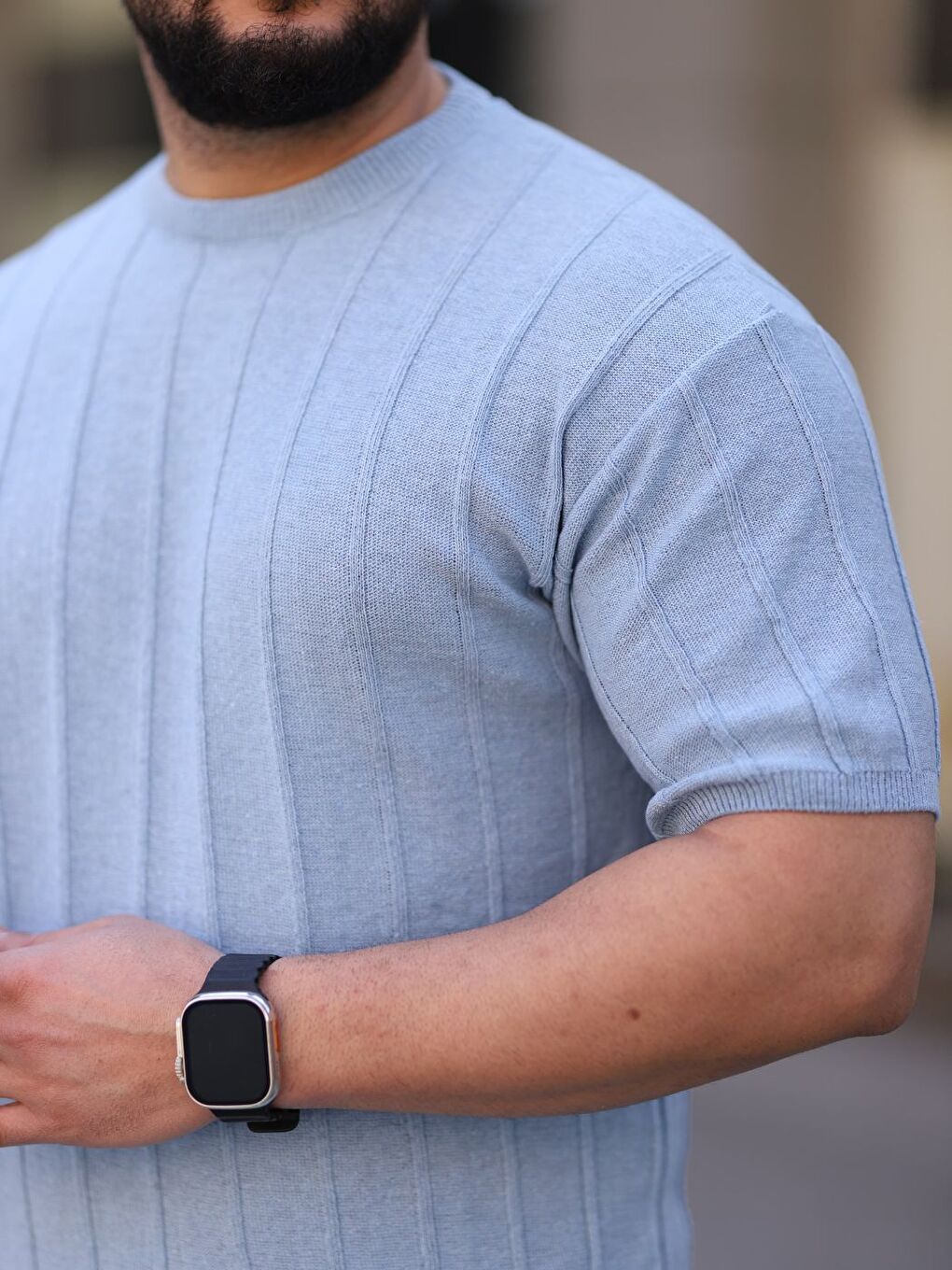 Bebe Mavisi Bisiklet Yaka Kabartma Triko Örme Kısa Kollu Tişört-2