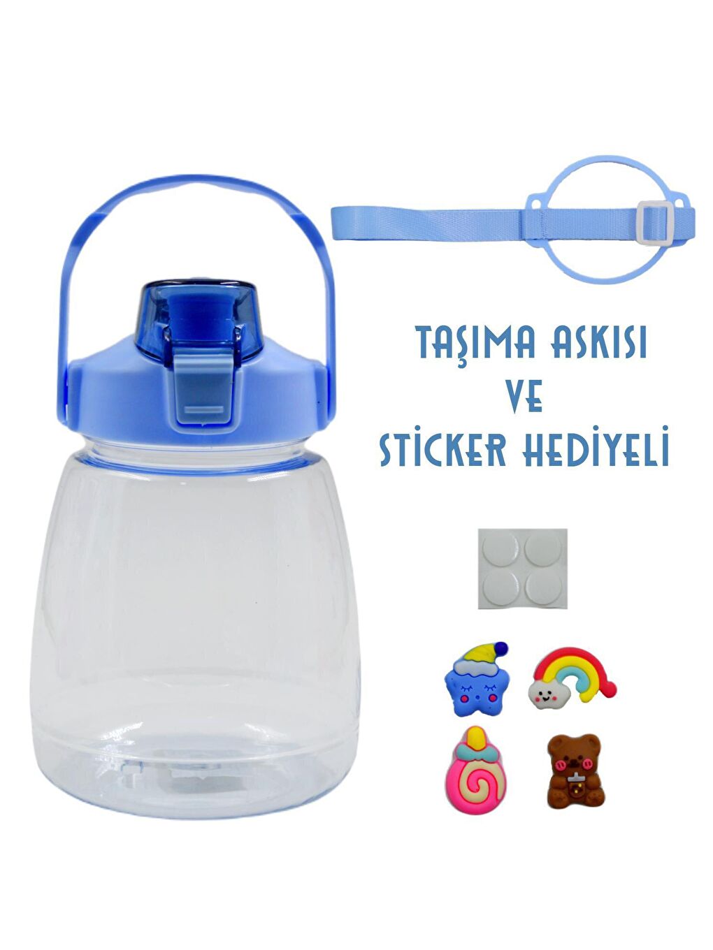 BottleBoss Mavi Taşıma Askılı Pipetli Şeffaf Matara 1200 Ml Sticker HEDİYELİ Mavi - 1