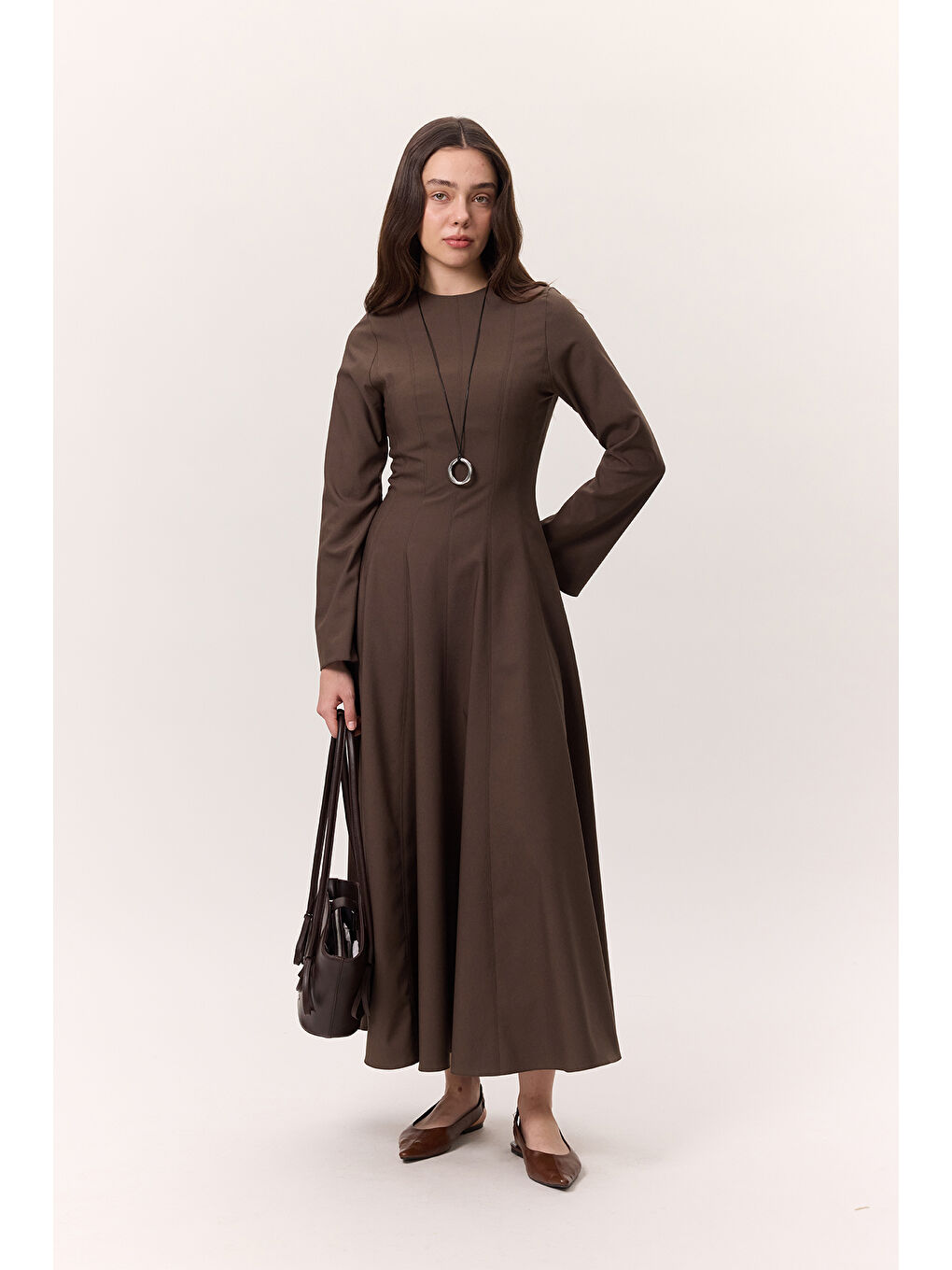 Kup Detaylı Elbise Kahverengi-6