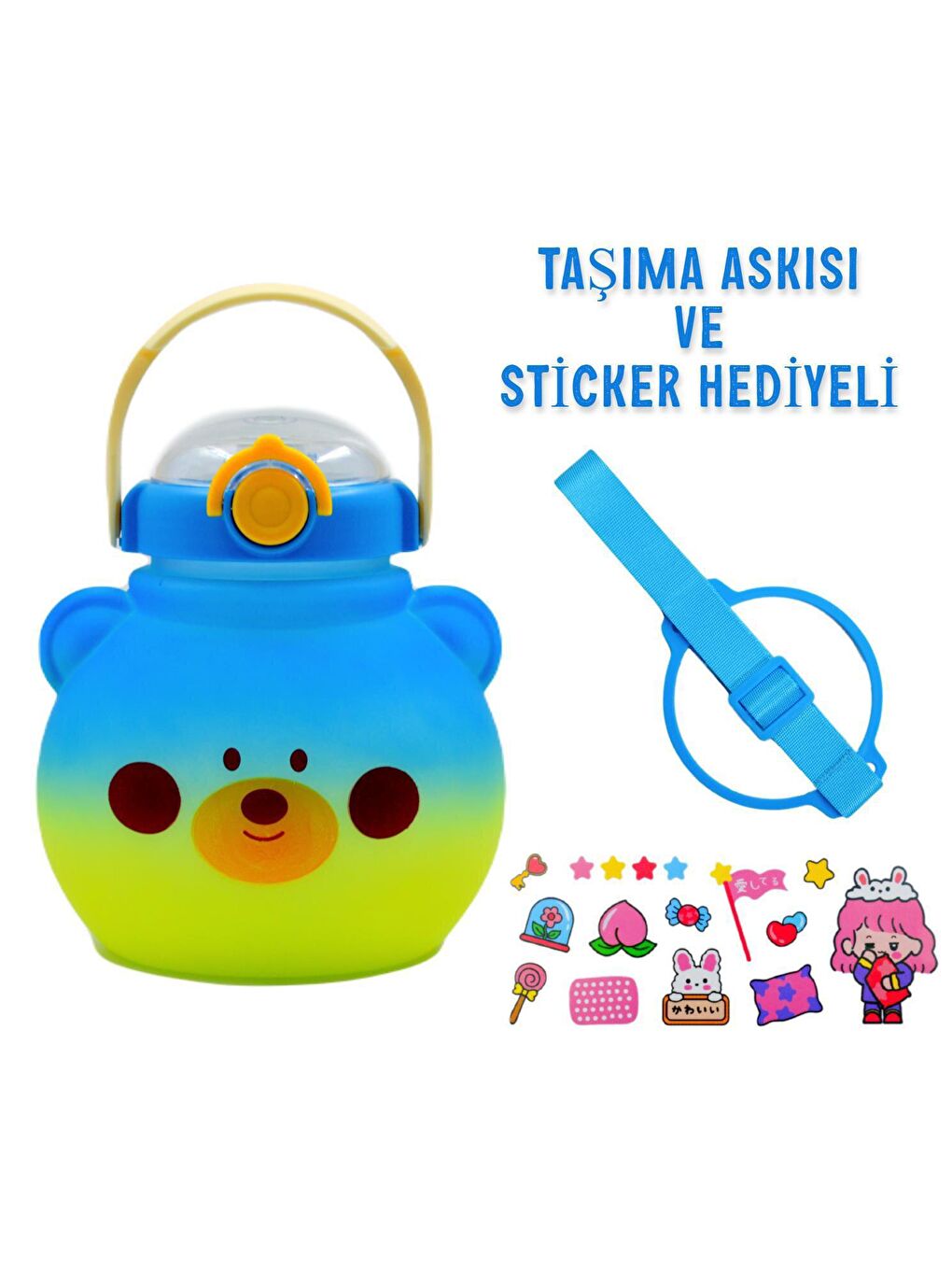 BottleBoss Mavi Pipetli Taşıma Askılı Sevimli Matara 1300 Ml Sticker HEDİYELİ Mavi - 1