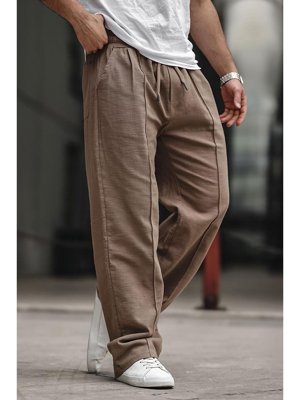 Kahverengi Erkek Rahat Kesim Keten Pantolon 6539