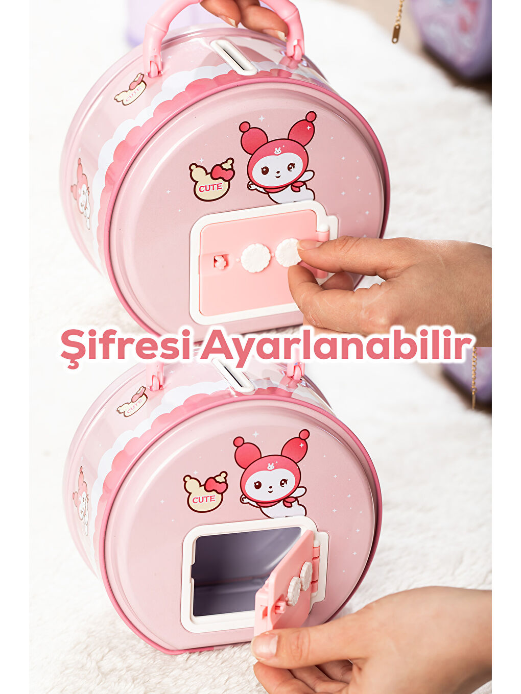 040 Metal Şifreli Kilitli Yuvarlak Kumbara Pembe 15x15cm-1