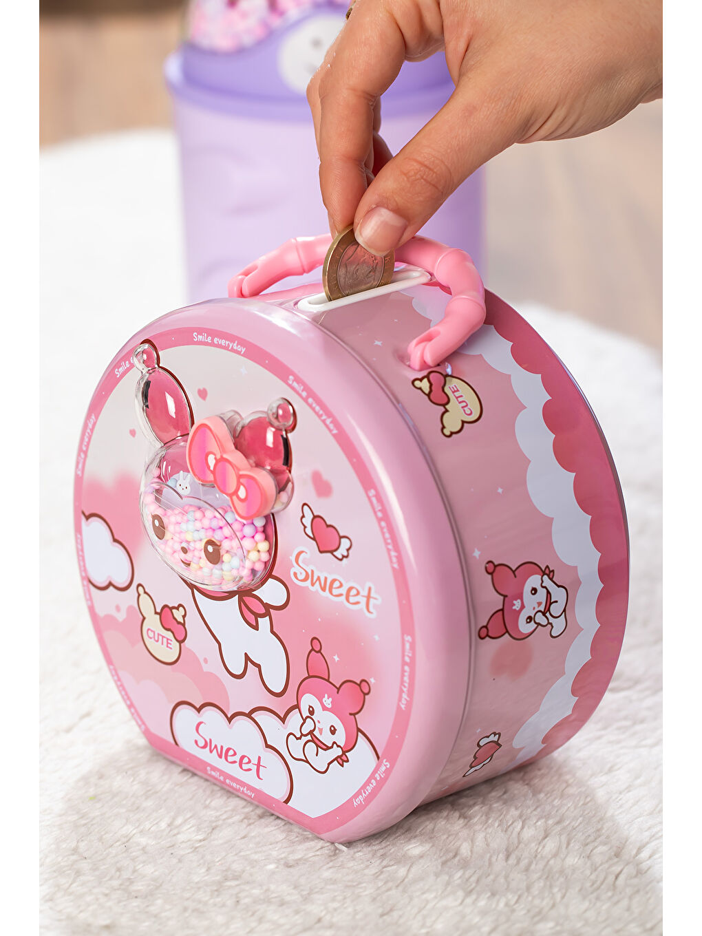 040 Metal Şifreli Kilitli Yuvarlak Kumbara Pembe 15x15cm-2