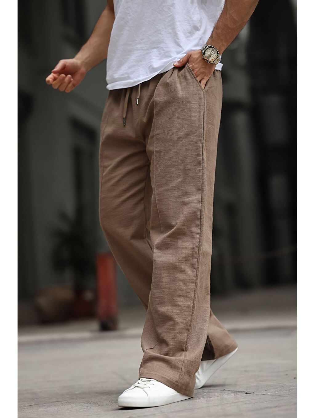 Kahverengi Erkek Rahat Kesim Keten Pantolon 6539-1