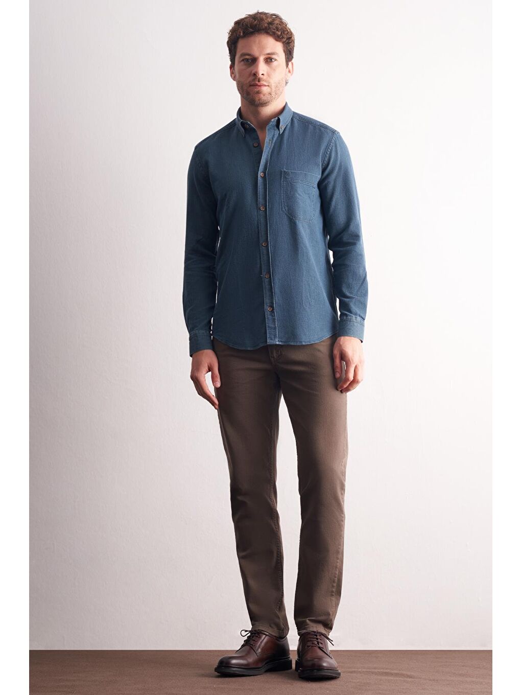 Lacivert - Yeşil Uzun Kol Düğmeli Yaka %100 Pamuk Slim Fit Gömlek 1004255199-1