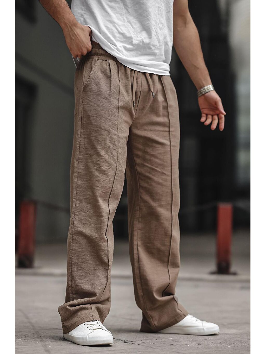 Kahverengi Erkek Rahat Kesim Keten Pantolon 6539-2