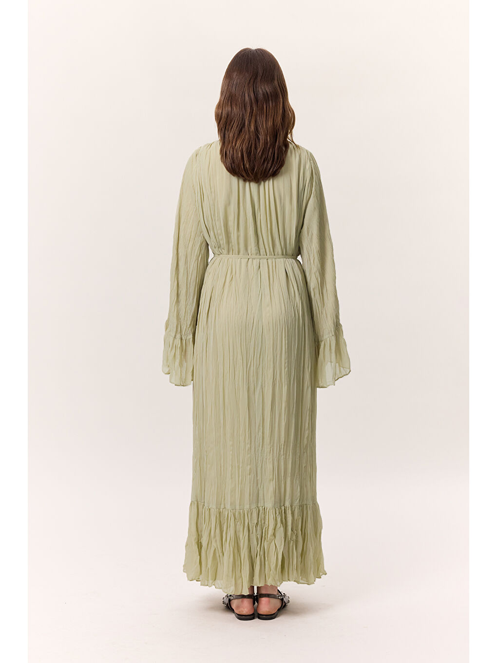 Yeşil Crush Piliseli Katlı Uzun Elbise Adaçayı-7