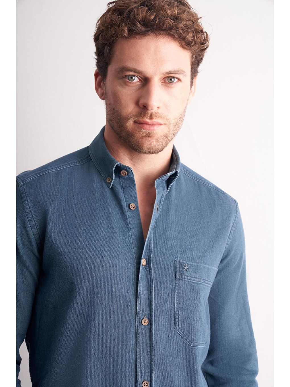 Lacivert - Yeşil Uzun Kol Düğmeli Yaka %100 Pamuk Slim Fit Gömlek 1004255199-3