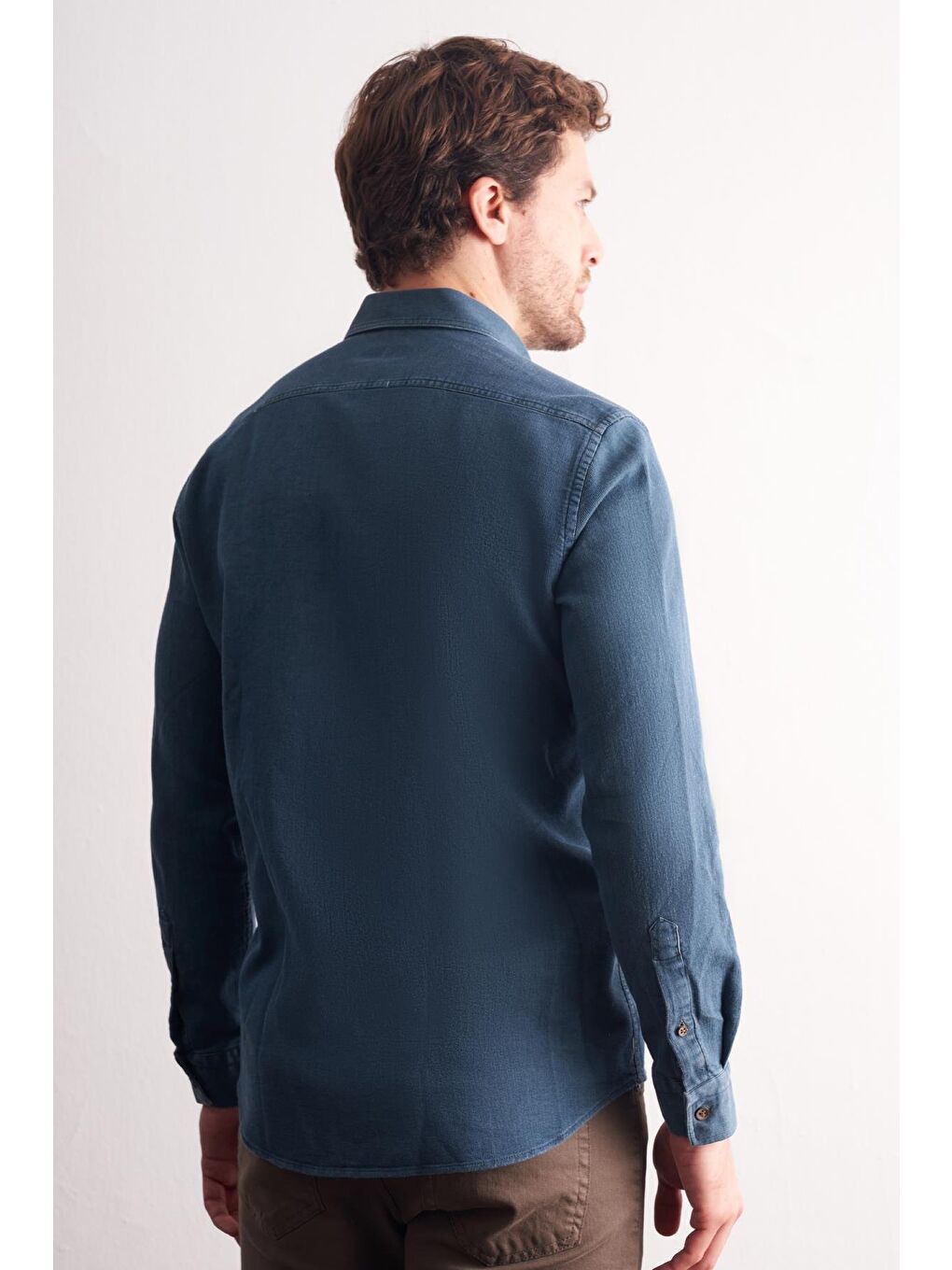 Lacivert - Yeşil Uzun Kol Düğmeli Yaka %100 Pamuk Slim Fit Gömlek 1004255199-4