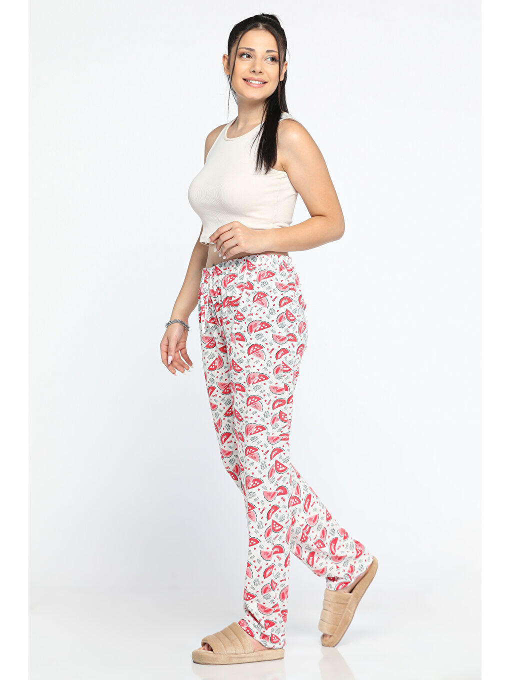 GÜLSELİ Kırmızı Kadın Beli Lastikli Desenli Pijama Altı - 1