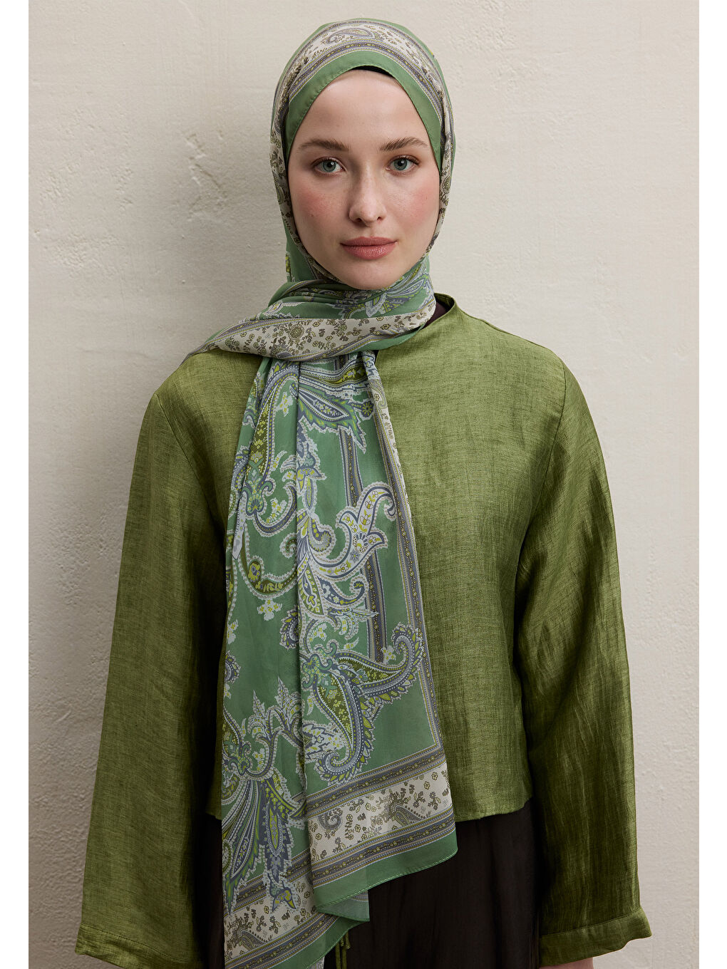 Luna Desen İpek Krep Şal Haki-1