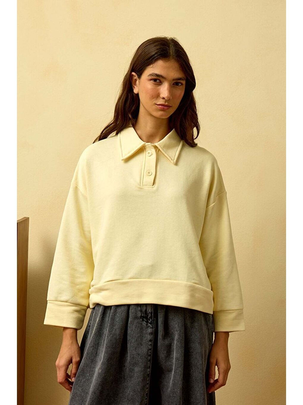 Tereyağ Sarısı Polo Yaka Crop-1