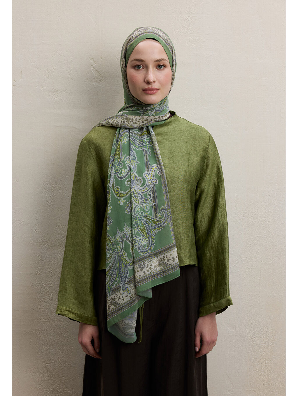 Luna Desen İpek Krep Şal Haki-2