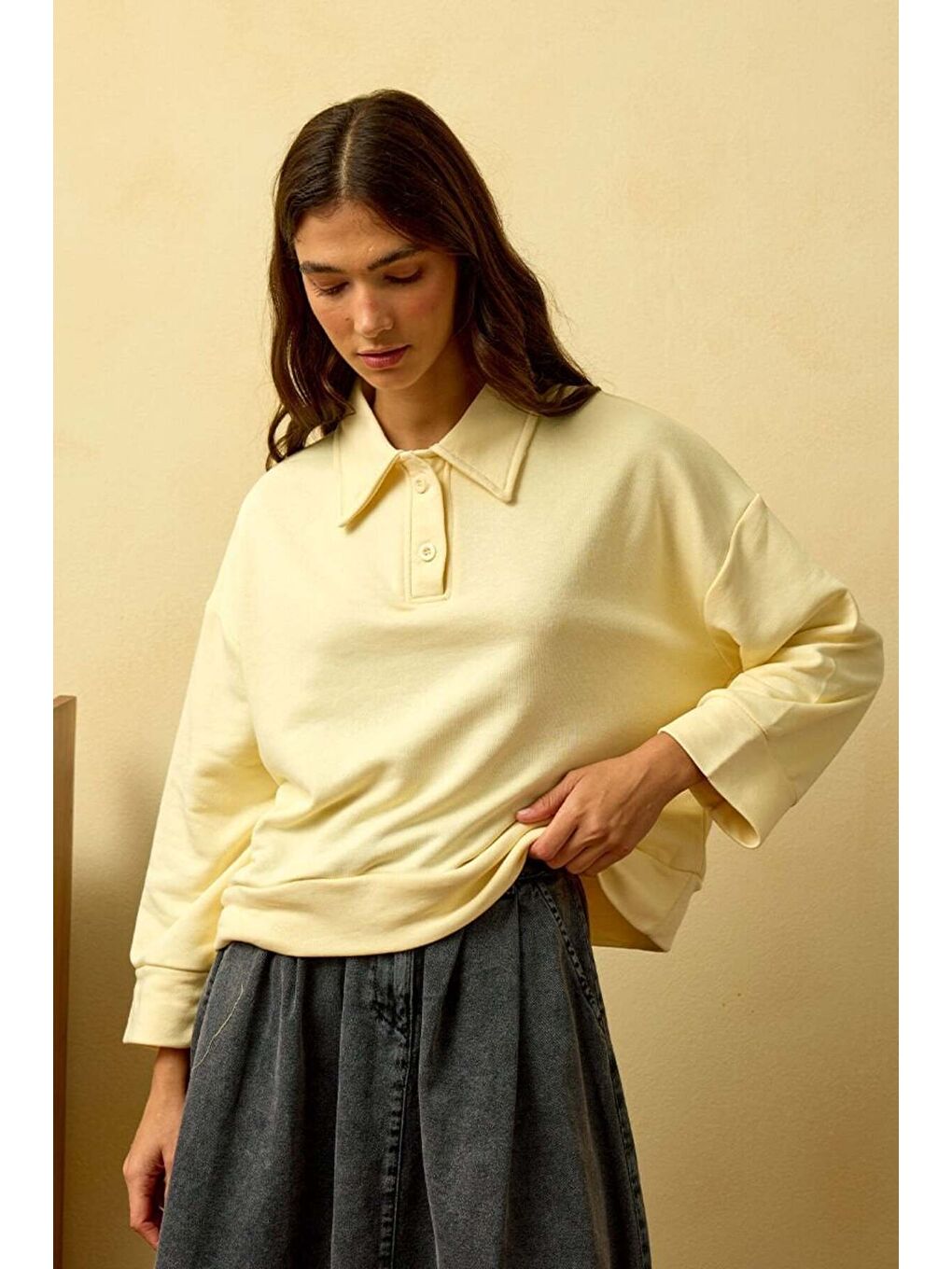 Tereyağ Sarısı Polo Yaka Crop-2