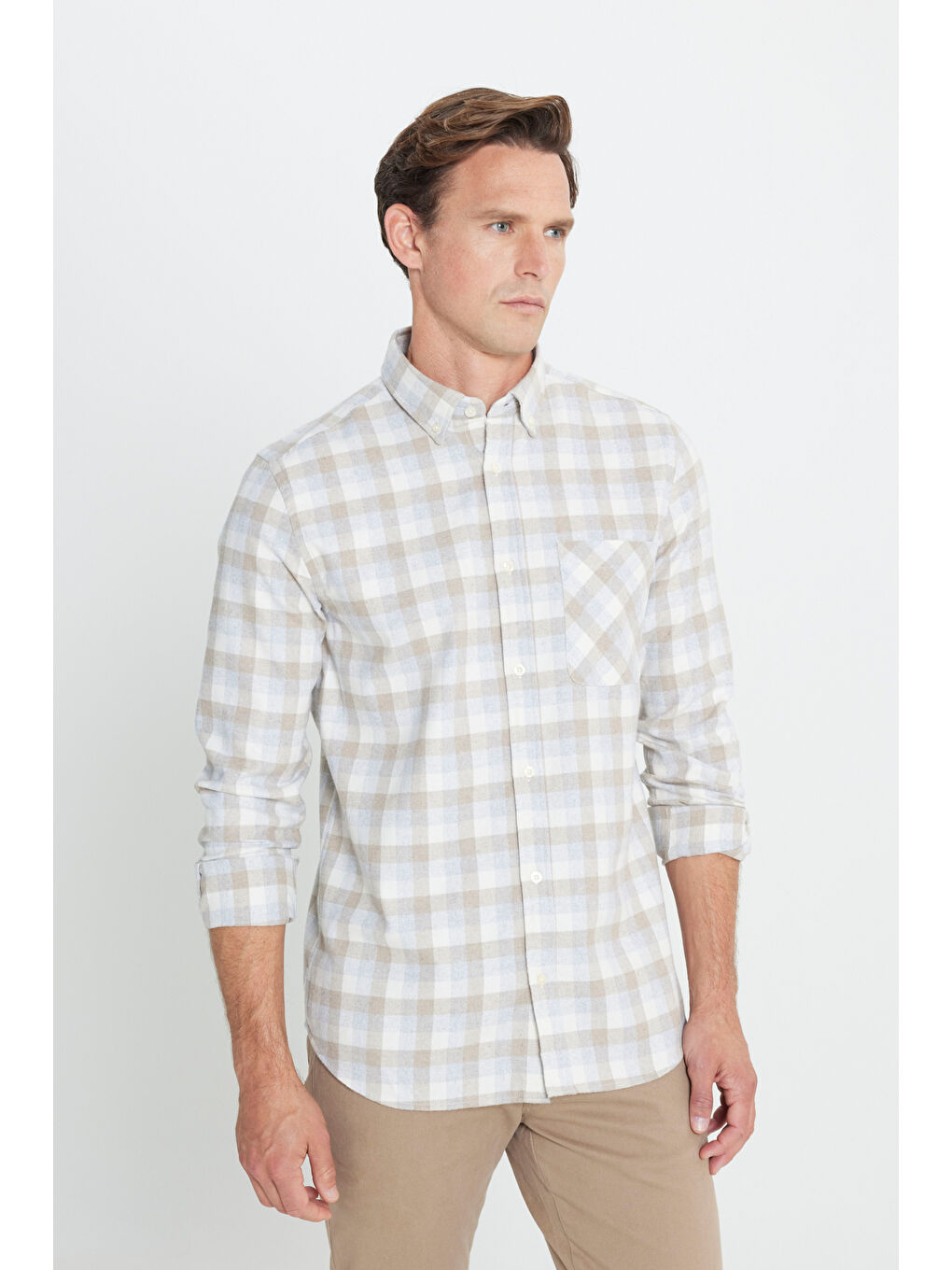 Erkek Bej-Gri Slim Fit Dar Kesim Düğmeli Yaka Kareli Kışlık Flanel Oduncu Gömlek
