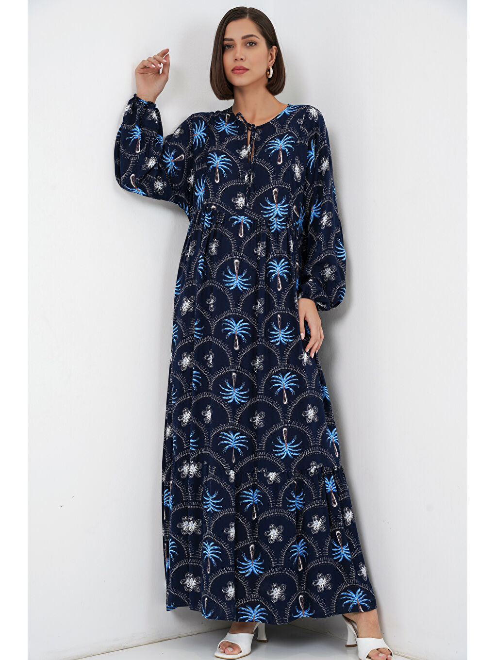 Kadın Desenli Tesettür Elbise 2594 - Lacivert