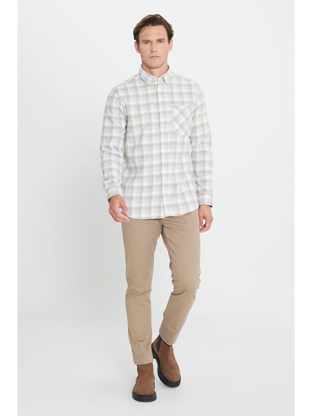 Erkek Bej-Gri Slim Fit Dar Kesim Düğmeli Yaka Kareli Kışlık Flanel Oduncu Gömlek-1