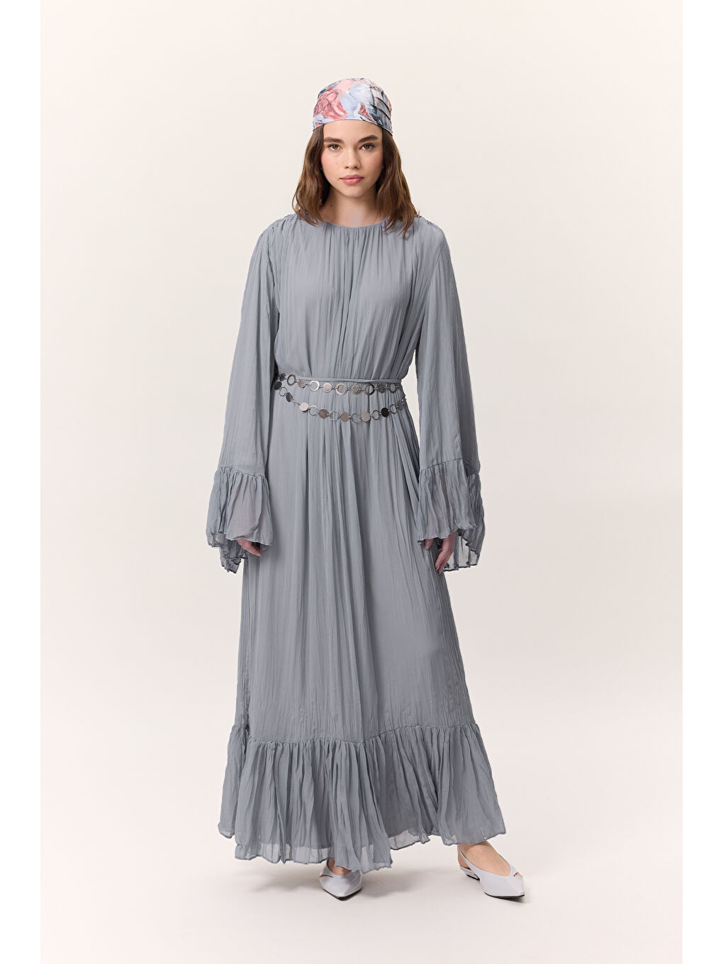 Crush Piliseli Katlı Uzun Elbise Mavi