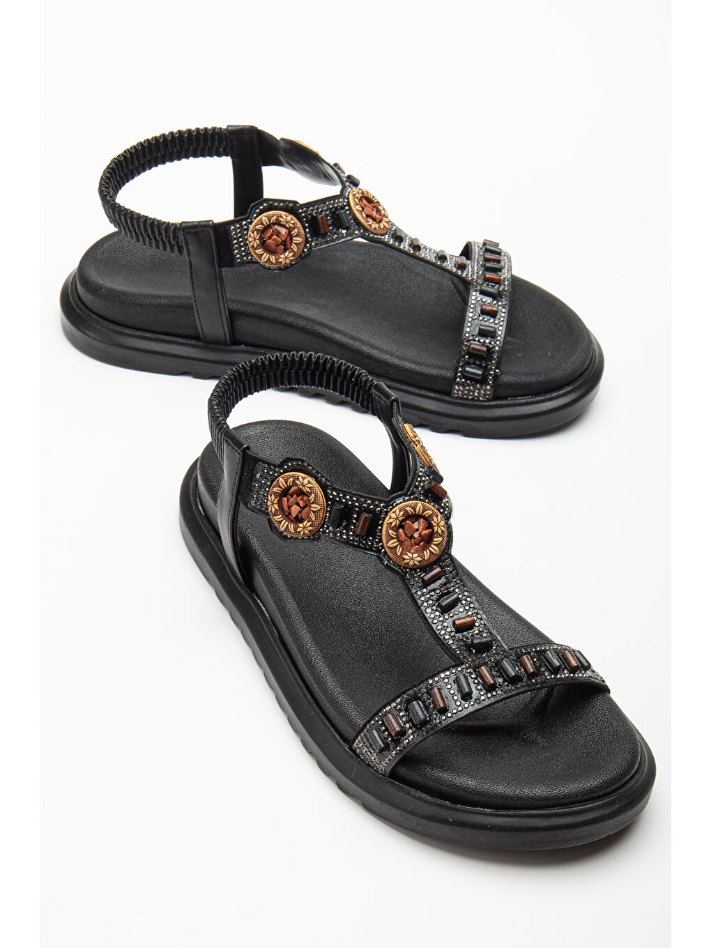 Kadın Siyah Arkası Lastikli Taş İşlemeli Sandalet-1