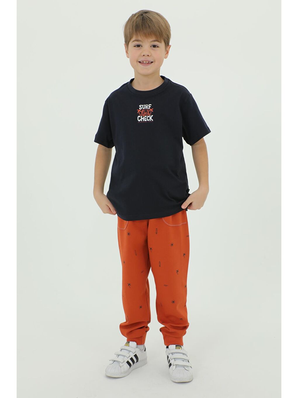 Lacivert Bisiklet Yaka Baskı Detaylı Desenli Erkek Çocuk Eşofman Takımı