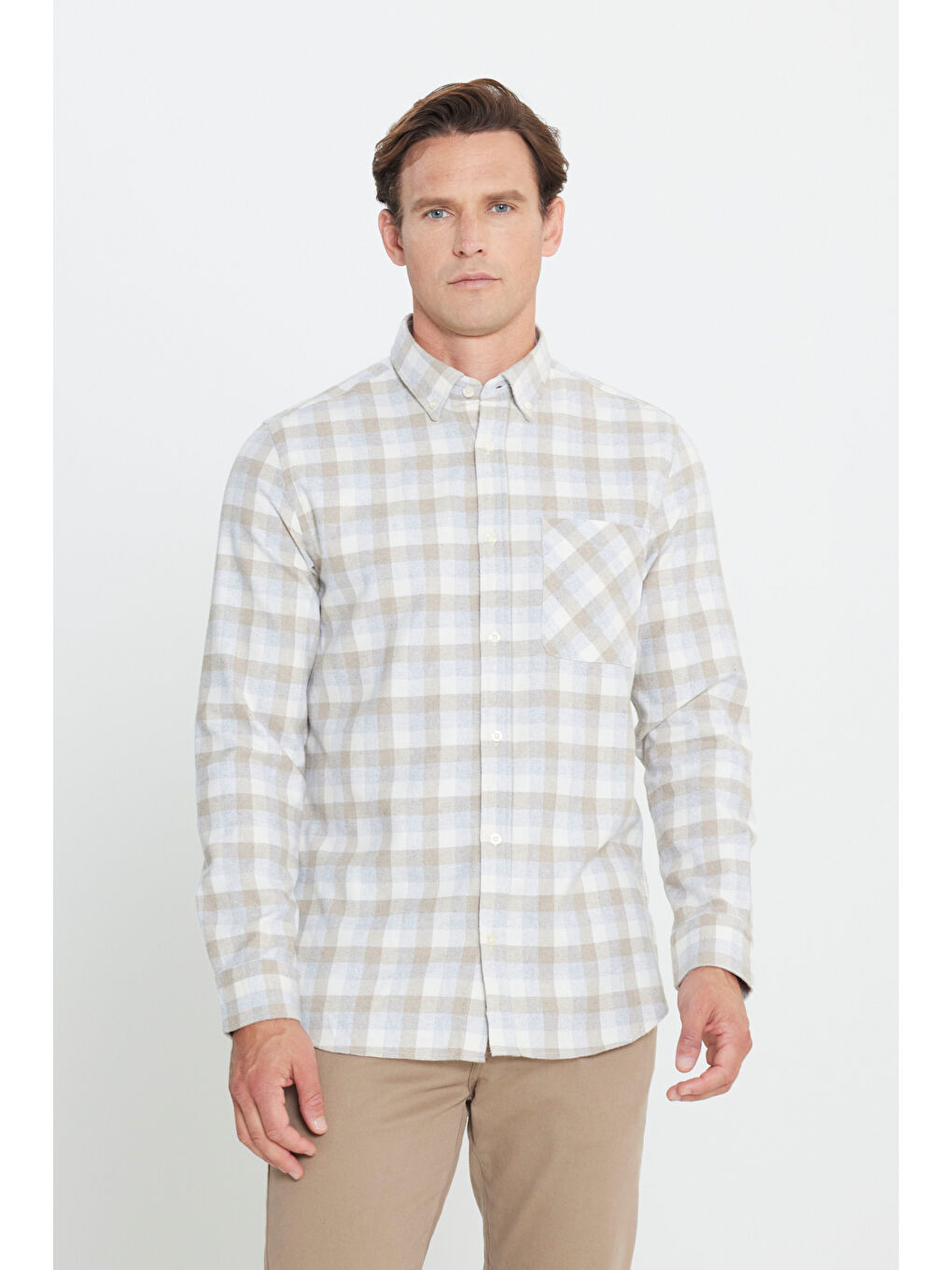 Erkek Bej-Gri Slim Fit Dar Kesim Düğmeli Yaka Kareli Kışlık Flanel Oduncu Gömlek-2