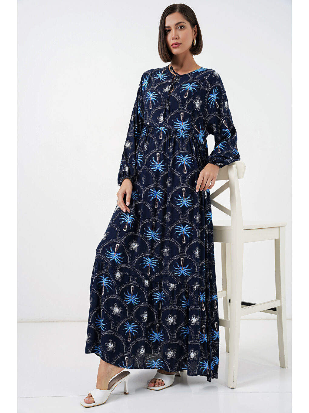 Kadın Desenli Tesettür Elbise 2594 - Lacivert-1