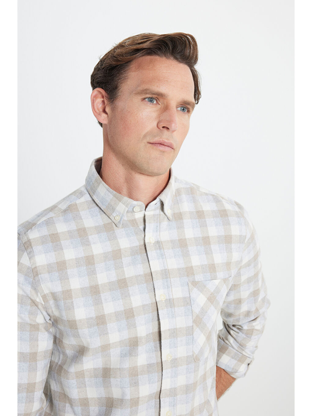 Erkek Bej-Gri Slim Fit Dar Kesim Düğmeli Yaka Kareli Kışlık Flanel Oduncu Gömlek-3